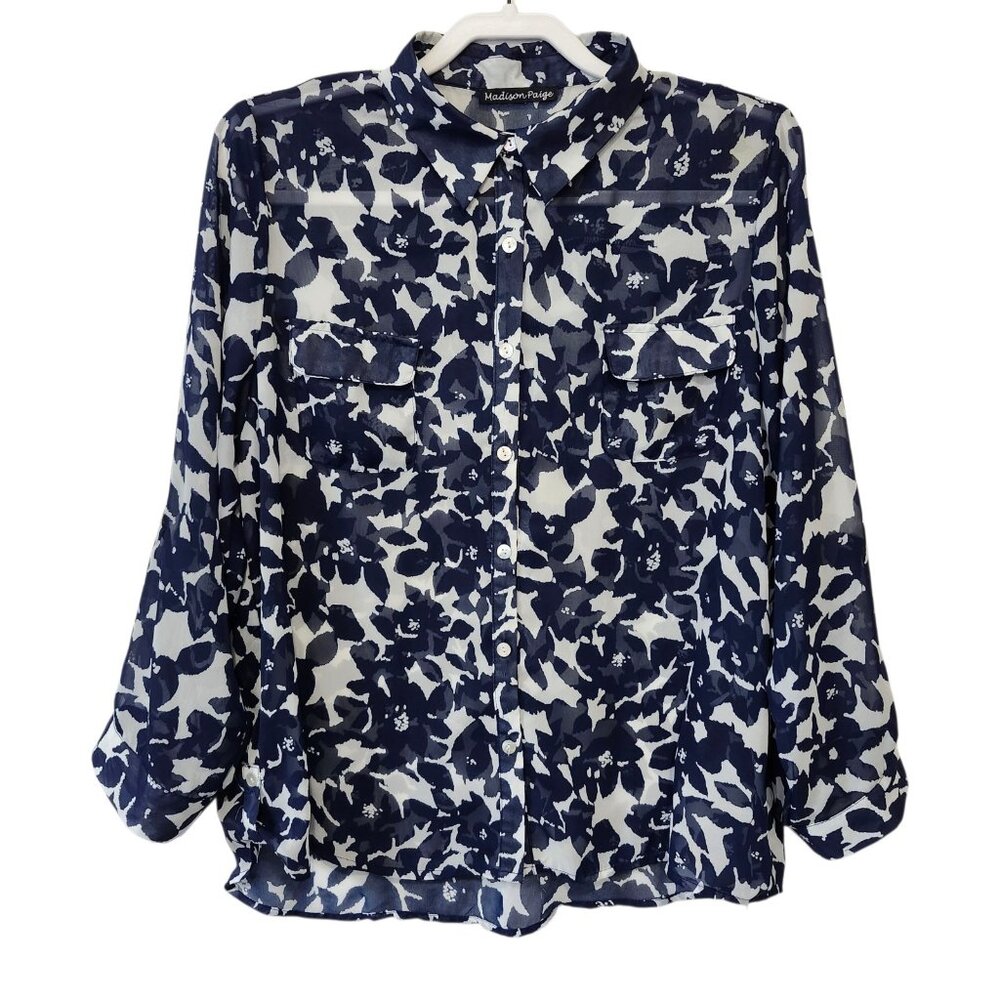 Madison Paige Women's XL Sheer‎ Roll Tab Sleeve Top Navy White Office Travel